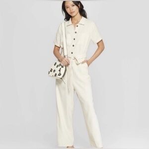 Who What Wear Cream Short-Sleeve Utility Jumpsuit